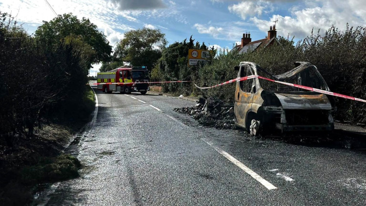 he A361 remains closed near West Pennard after a campervan was destroyed by fire, with road repairs expected to take some time.(Photo: SM Fire Station) 