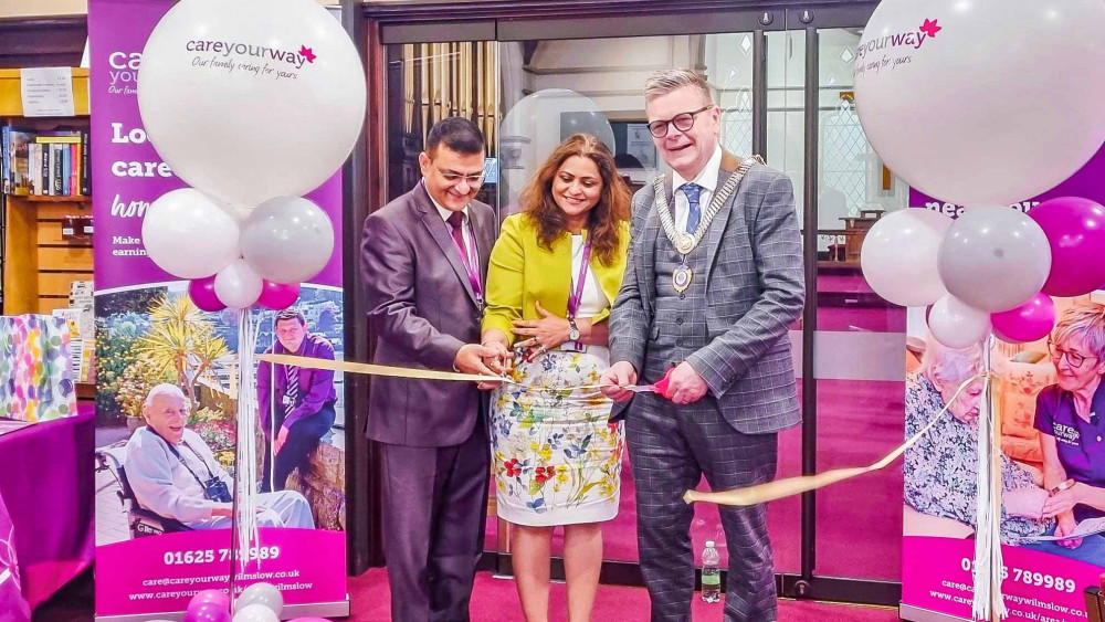 The launch of CareYourWay Wilmsmlow. (Left to right) Directors Rajiv and Neelima, with Cheshire East Council's deputy mayor, Cllr Rob Moreton (Image supplied)