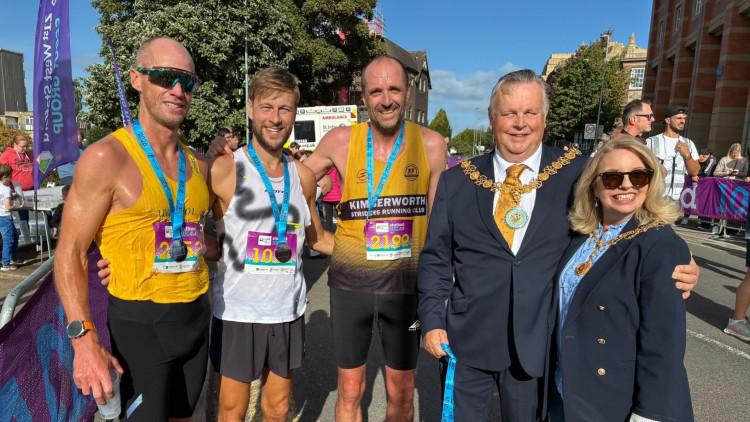 The first three male runners with Stafford Borough Mayor Councillor Mark Winnington and Mayoress Rosie Winnington (image via Stafford 10K)
