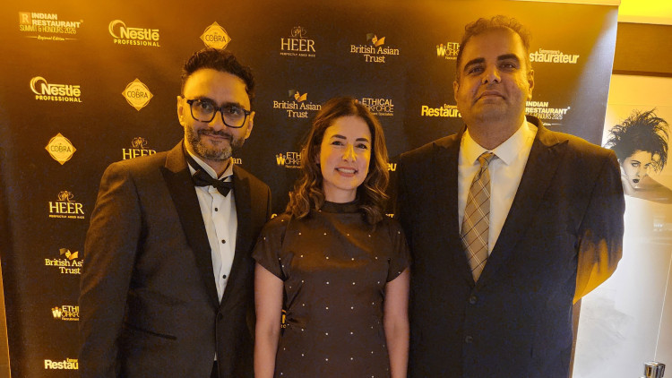 Left to right: Sandeep Gursahani (Director at Bombay to Mumbai); Donya Bonyadi (restaurant co-founder and award winner); and Stockport MP Navendu Mishra (guest of honour at the ceremony). (Image supplied)