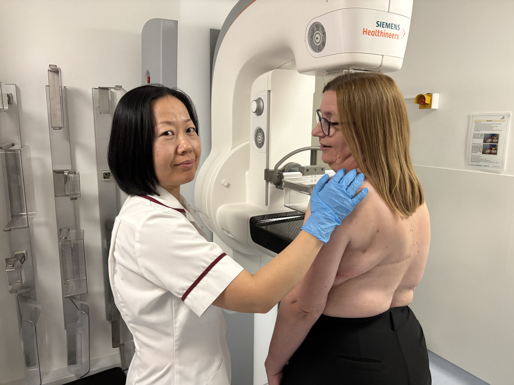 Elaine with radiographer Xiaoyan Zhang having her mammogram