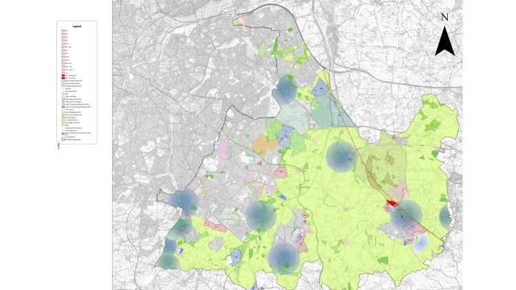 Map of green belt sites and proposed housing locations (Image via LDRS, SMBC)
