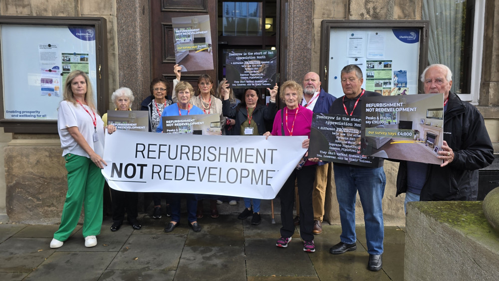 Some of the campaigners fighting to save the Bollington bungalows outside Macclesfield Town Hall before the planning meeting (Credit: LDRS)