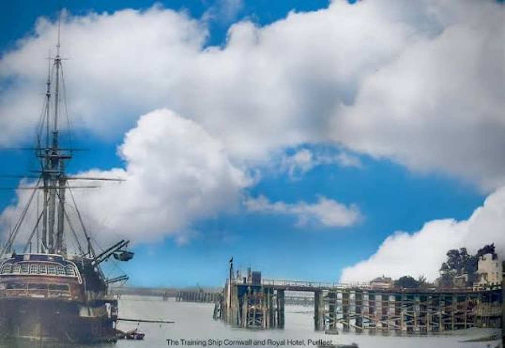 The training ship Cornwall alongside the Royal Hotel at Purfleet.