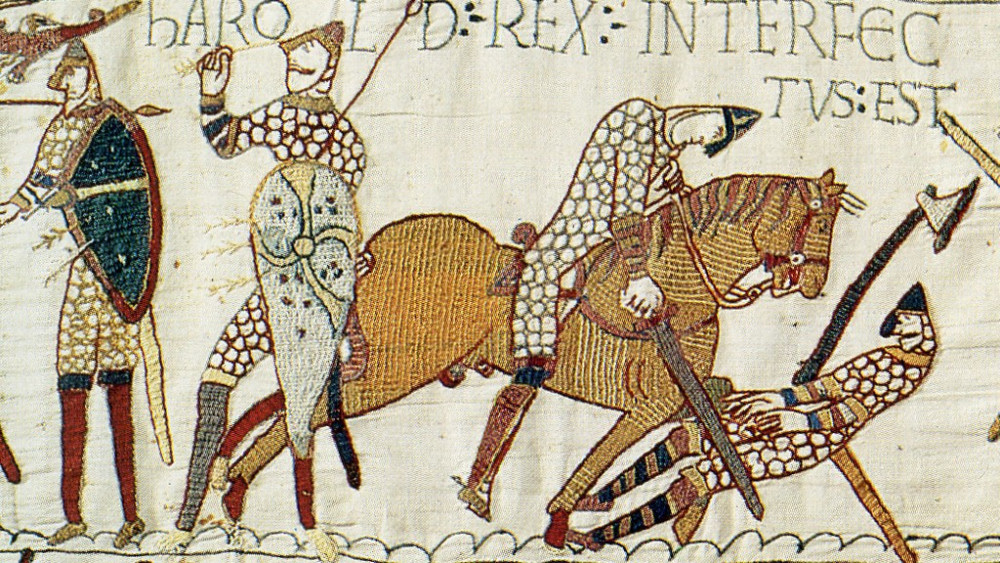 Section of the Bayeux Tapestry depicting the death of King Harold II (image via Public Domain via PICRYL)