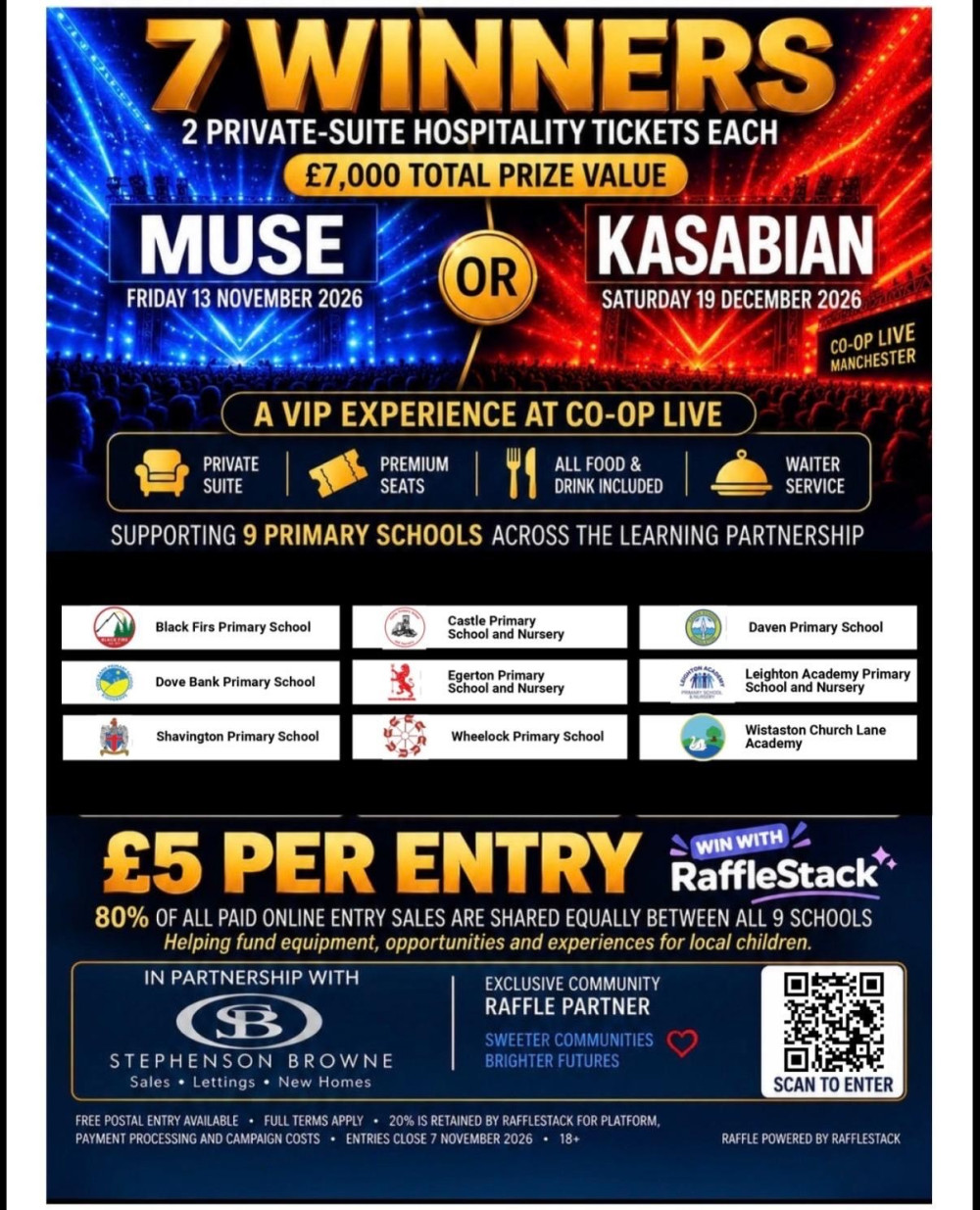 Stephenson Browne, exclusive fundraiser partner, donates £1K for The Learning Partnership schools. Raffle offers Muse/Kasabian tickets for £5 each