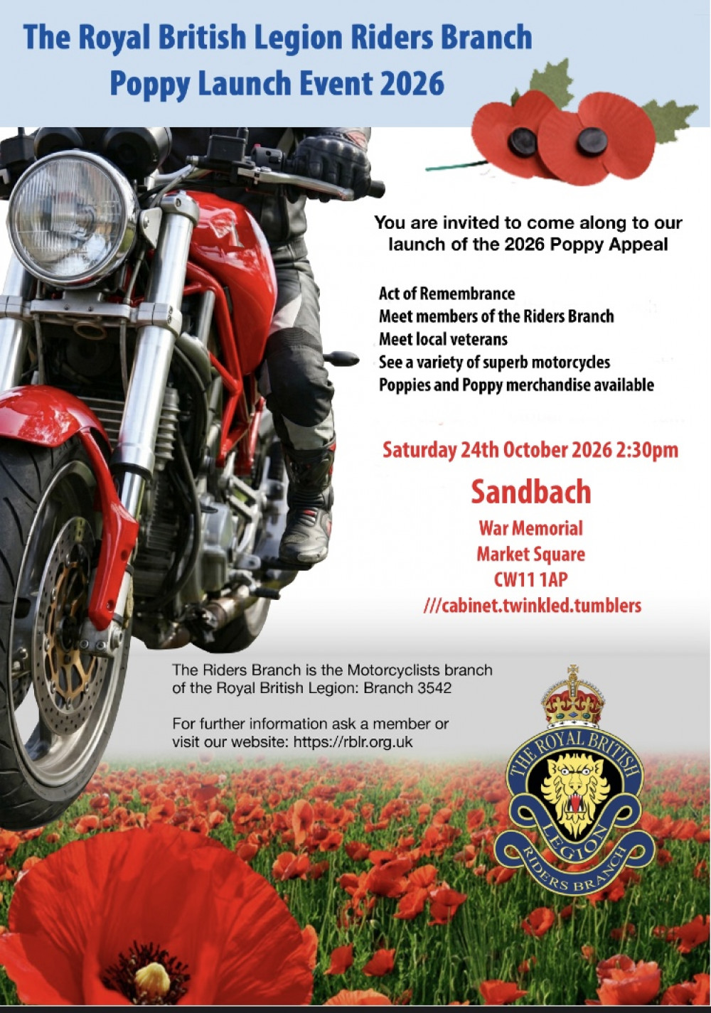 Sandbach Poppy Appeal Launch with RBL Biker Branch 
