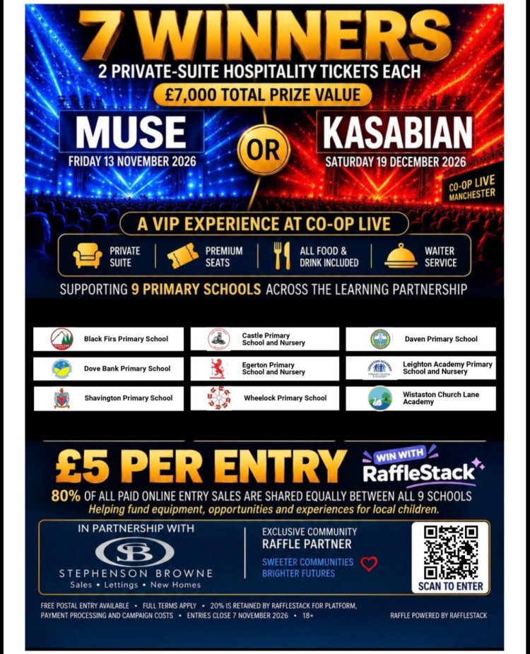 Stephenson Browne, exclusive fundraiser partner, donates £1K for The Learning Partnership schools. Raffle offers Muse/Kasabian tickets for £5 each