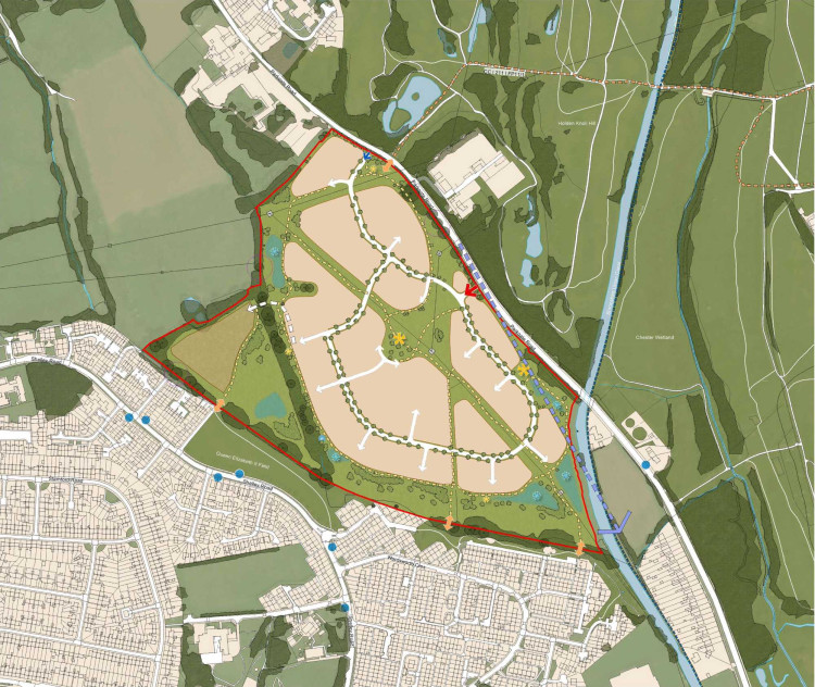 Proposed masterplan for up to 450 new homes and public spaces on land south of Parkgate Road, Mollington (Image: Taylor Wimpey)