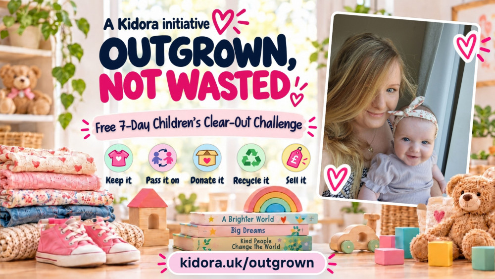 Karolina Gudes, founder of Kidora, with her daughter Sofia, promoting the free Outgrown, Not Wasted seven-day family clear-out challenge.