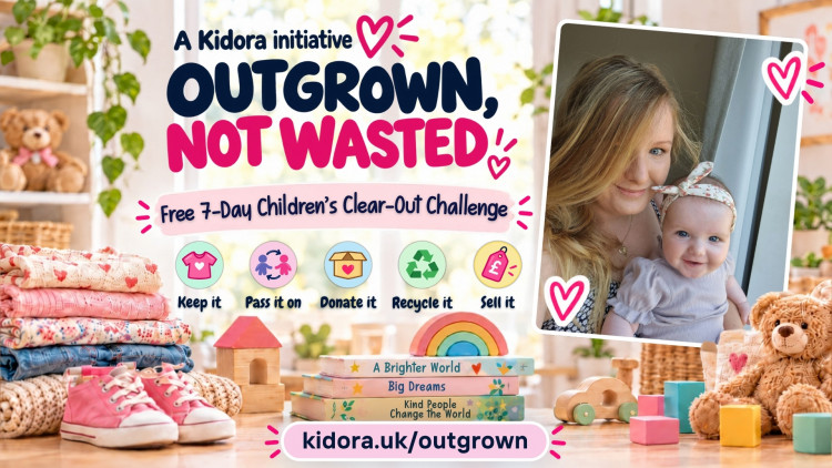Karolina Gudes, founder of Kidora, with her daughter Sofia, promoting the free Outgrown, Not Wasted seven-day family clear-out challenge.