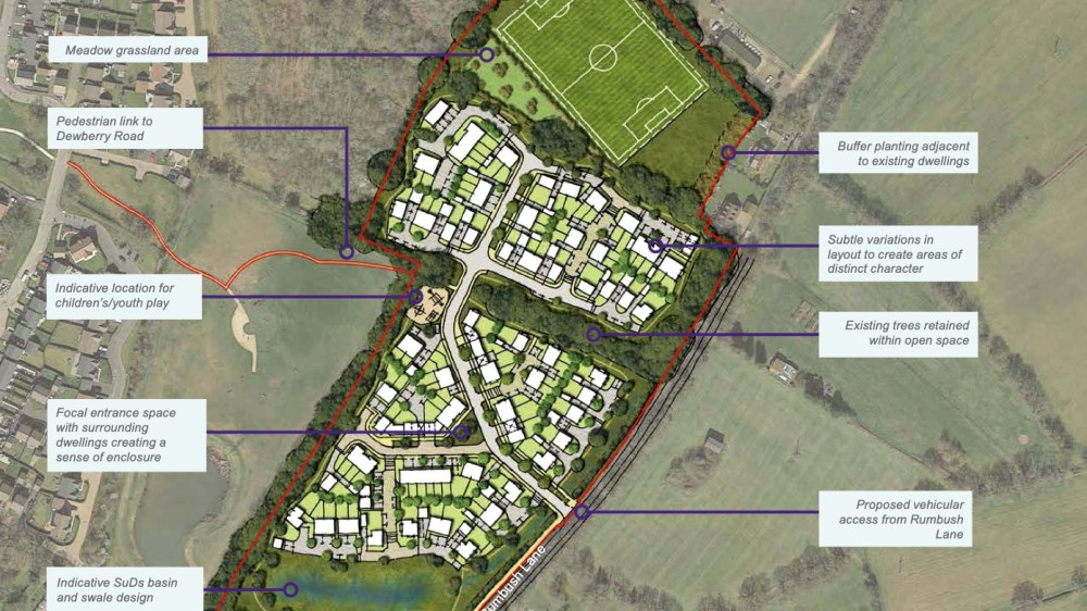 The outline application also includes a sports pitch, pedestrian links, access roads, parking, landscaping, drainage and open space. (Image via planning application)