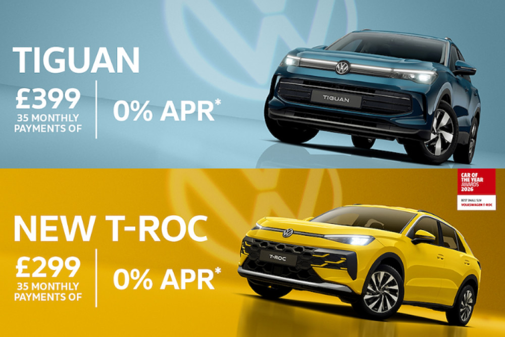 Crewe Volkswagen has fantastic 0% finance offers on two of Volkswagen’s most popular SUVs, the Tiguan and the T-Roc (Photo: Swansway).
