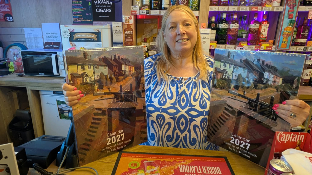 Jenny Baty Creamer with the Rode Heath calendar produced by local artist, Rob Pointon, which will partially benefit pupils at Rode Heath Primary School.  (Photo: Nub News)  