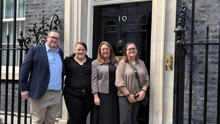 Stockport campaigners at Number 10 Downing Street (left to right): James Vernon-Goldborough, Stockport foster carer; Lianne Nelson, Stockport foster carer; Tracy Lally, Fostering Recruitment Hub Manager Foster for Greater Manchester; Mel Jones, Rochdale foster carer