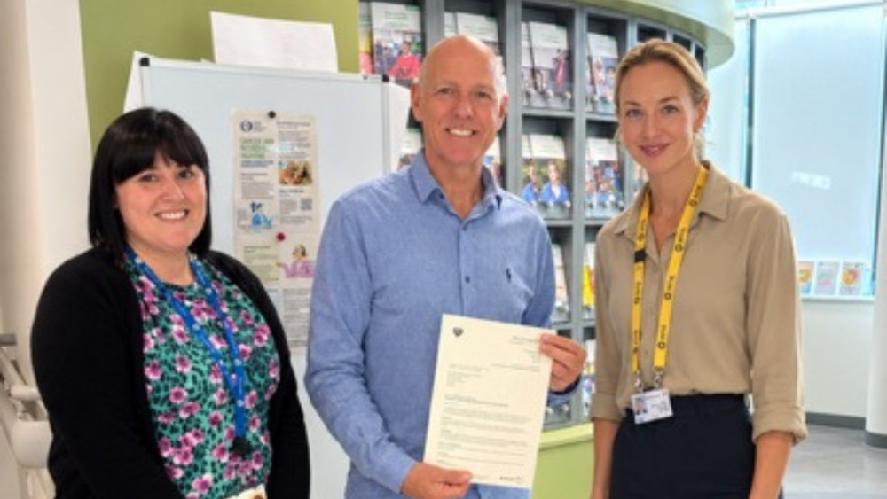 Dr Faye Sharpley (right) with patient Ivan McKeever and secretary Clare Ellis, who were the first people to use ambient voice technology in clinic at The Christie at Macclesfield (Credit: The Christie)