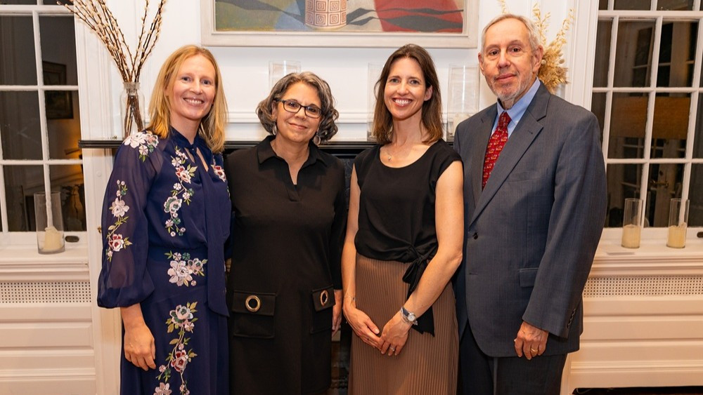  (L-R) Professor Melanie Holden (Keele), Professor Kelli Allen (University of North Carolina at Chapel Hill), Dr Charlotte Woodcock (Keele) and Emeritus Professor Marc Hochberg (University of Maryland School of Medicine) attend a reception at the UK Deputy Ambassador's Residence in Washington DC (image via Keele)