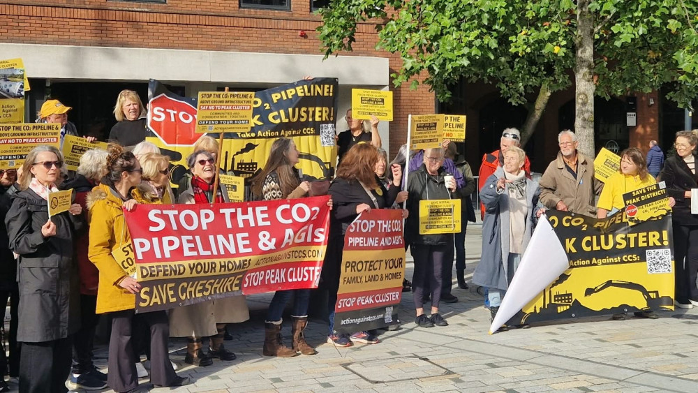 East Cheshire AACCS took part in a protest against the Peak Cluster CO2 pipeline proposals outside Number 10 North (Credit: Supplied)