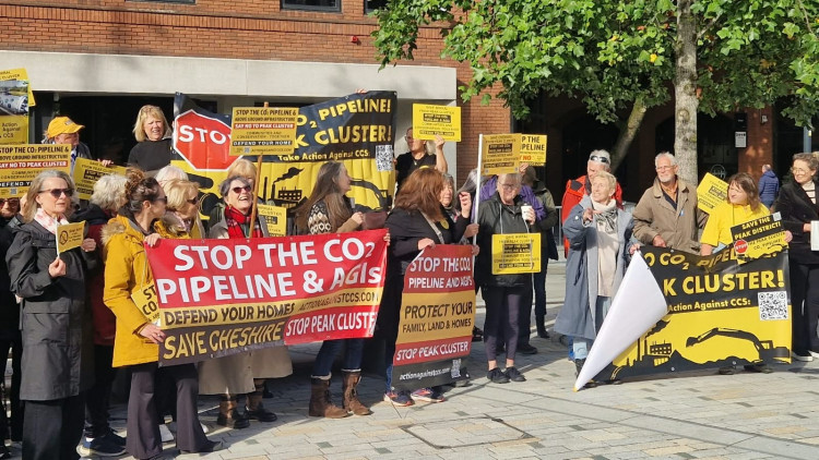 East Cheshire AACCS took part in a protest against the Peak Cluster CO2 pipeline proposals outside Number 10 North (Credit: Supplied)