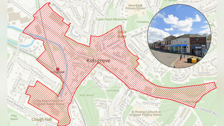 The area to be covered by Kidsgrove's new public space protection order (main image via council report / inset image via Google Street View)