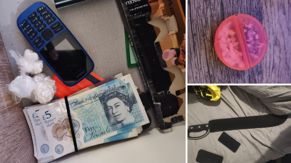 In a search warrant in Great Moor on Tuesday 27 October, police found cocaine and heroin, drug paraphernalia, cash, a Surron e-bike, and blades (Images via GMP)