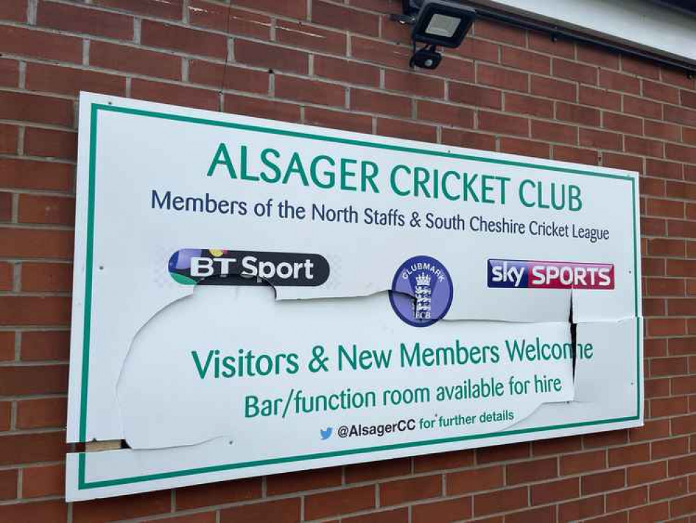 Vandalised sign at Alsager Cricket Club on Fairview Avenue. (Image by Alsager Police)