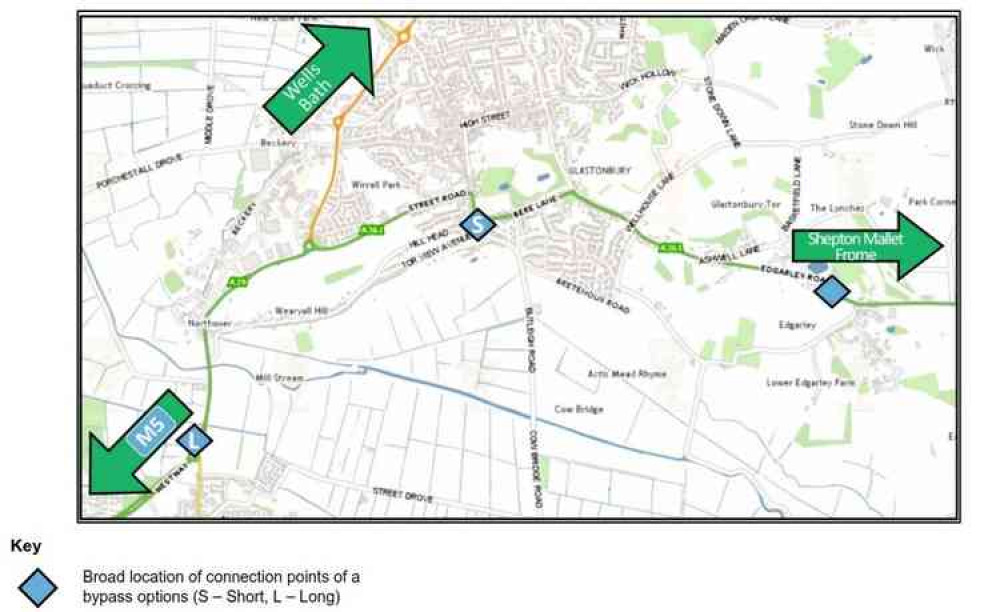 Possible locations of A361 and A39 Bypass at Glastonbury (Photo: Peninsula Transport Shadow Sub-National Transport Body/Somerset County Council) Possible locations of A361 and A39 Bypass at Glastonbury (Photo: Peninsula Transport Shadow Sub-National Transport Body/Somerset County Council)