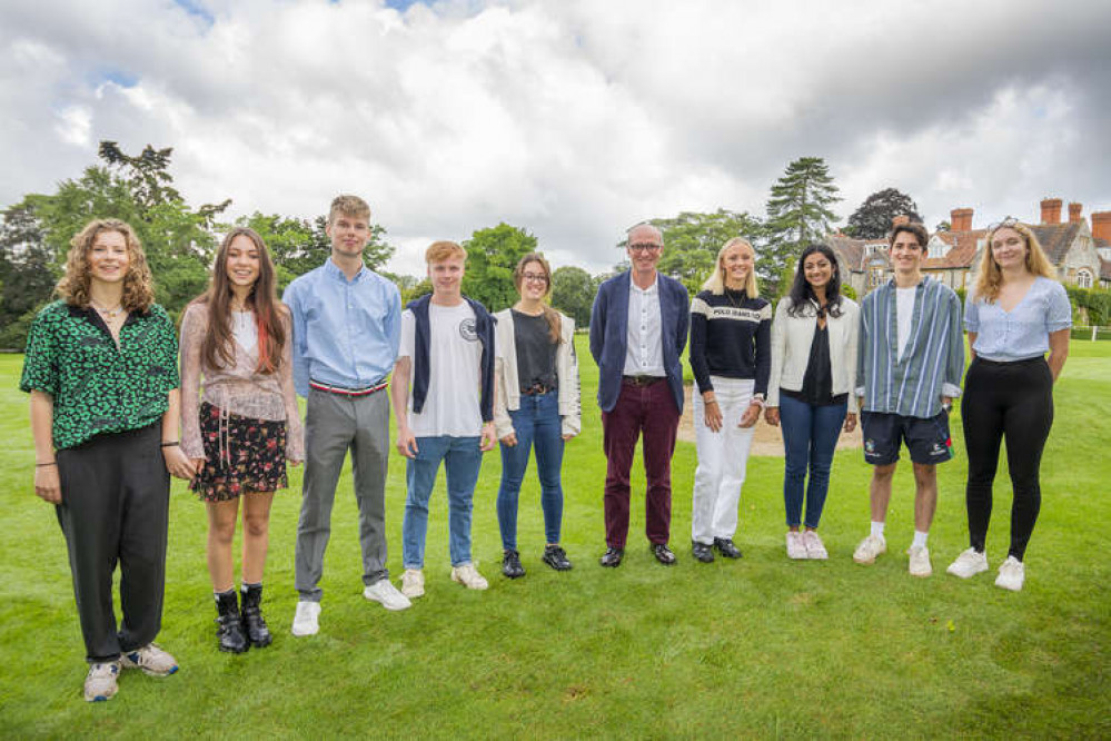 Millfield recent leavers celebrate their A-level and BTEC results on campus with headmaster, Gavin Horgan