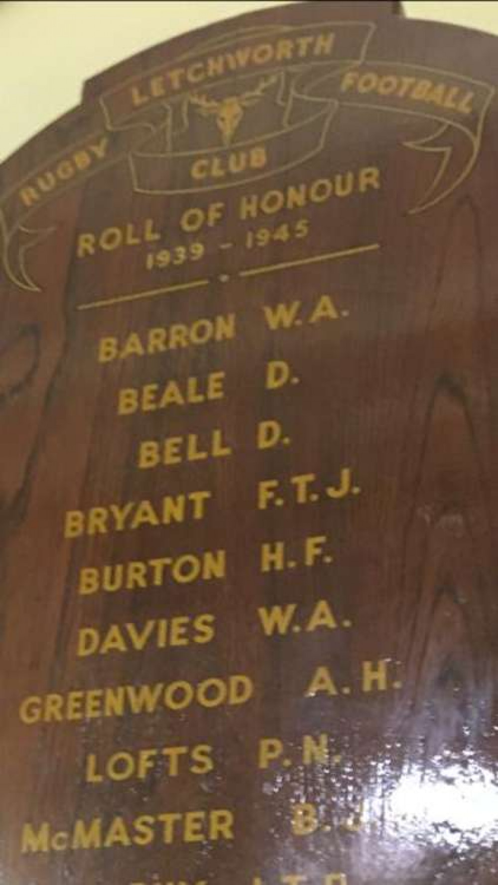 The Role on Honour at Letchworth Rugby Club, including William 'Billy' Barron's name. CREDIT: Letchworth Rugby Club