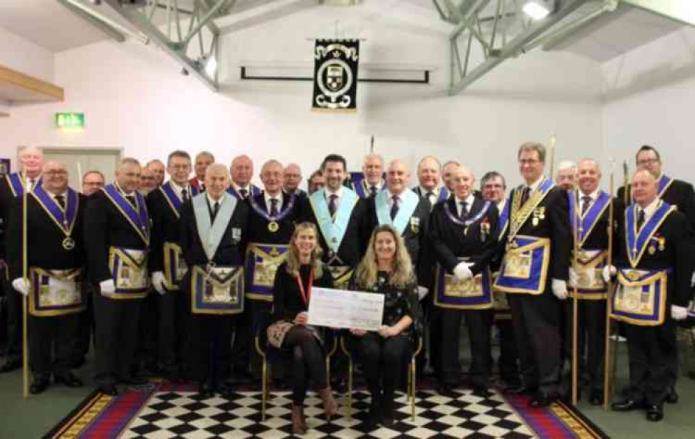 Bridget and Claire with members of Wells Benevolent Lodge and Somerset Masonic Charity