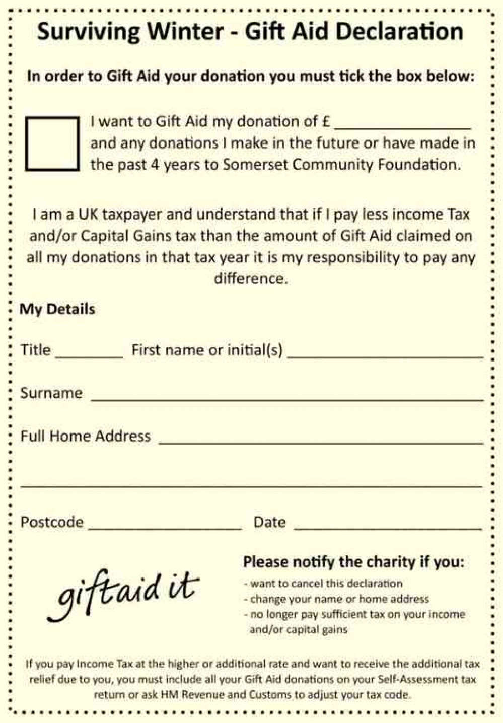 Fill in this Gift Aid form when sending your cheque to Somerset Community Foundation's Surviving Winter appeal