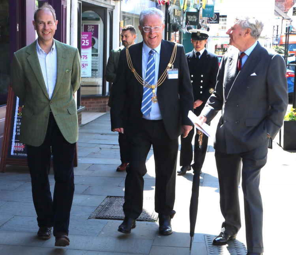 The Mayor of Wells escorts Edward and Deputy Lord Lieutenant Brian Perowne up the right-hand side of the High Street to the Market Place The Mayor of Wells escorts Edward and Deputy Lord Lieutenant Brian Perowne up the right-hand side of the High Street to the Market Place