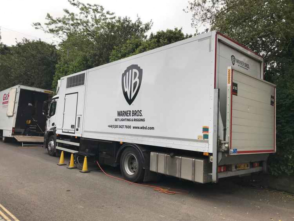 Film crews setting up around Wells Cathedral