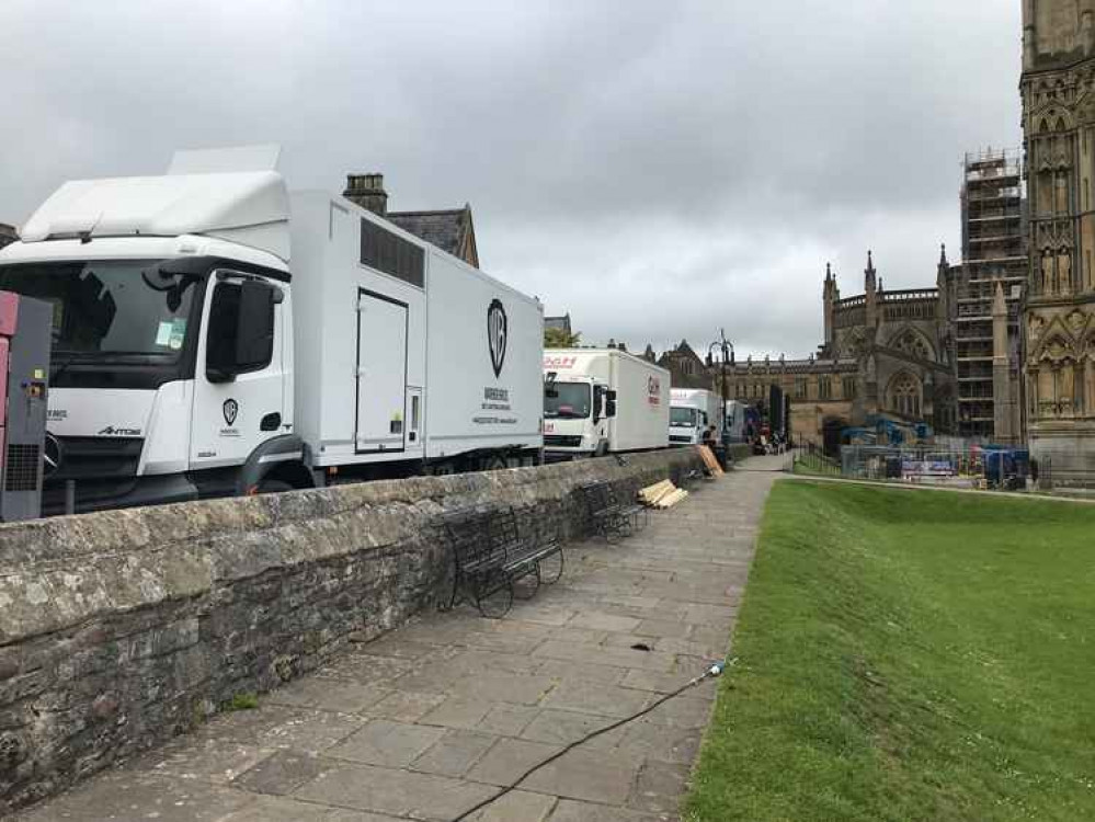 Film crews setting up around Wells Cathedral