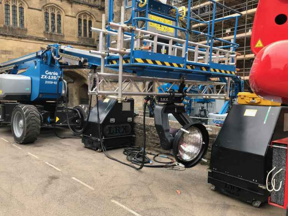 Film crews setting up around Wells Cathedral