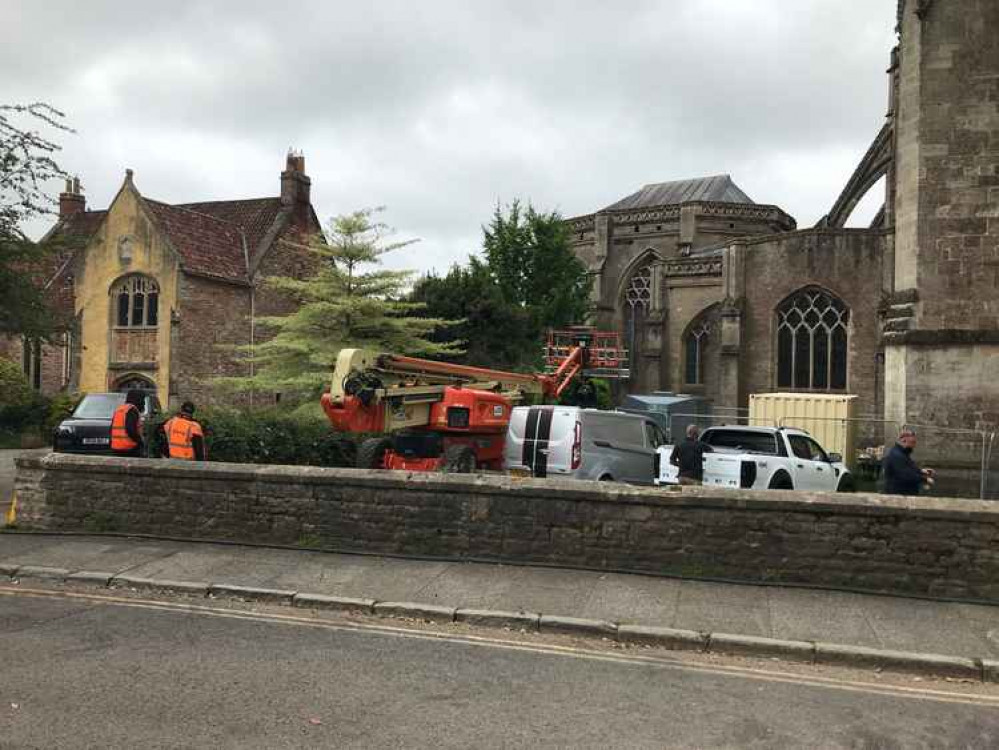 Film crews setting up around Wells Cathedral