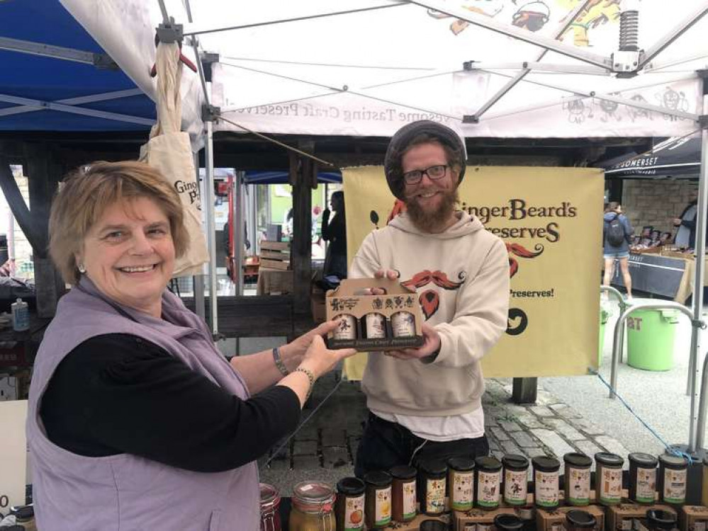 Councillor Ros Wyke with local GingerBeards preserves stall holder, Little eat: Shepton Mallet Market Place.