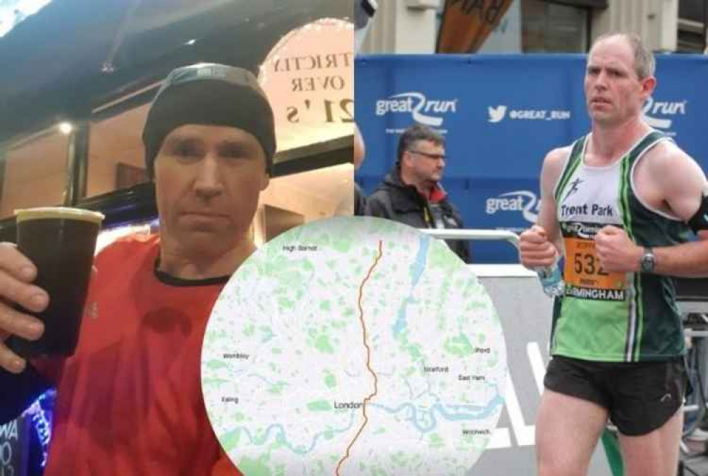 Geoffrey Donohoe at The Ramble Inn (left) and Geoffrey at Birmingham Half Marathon during his heart attack (right)